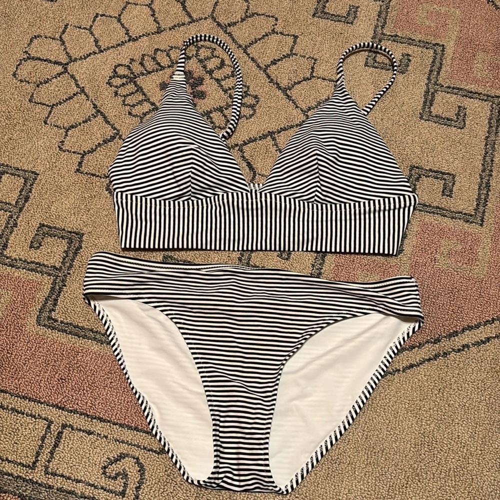 aerie Black and White Striped Bikini Set